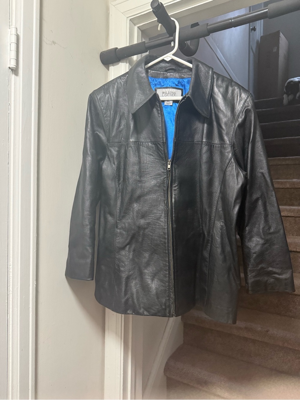 Wilsons Leather Black Zip-Front Leather Jacket with Blue Lining
